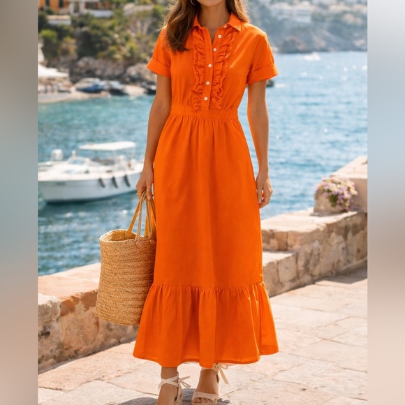 J. Crew Dresses & Skirts - J.Crew Orange Poplin Maxi Dress Ruffle Button Front Short Sleeve Tiered Hem 00P